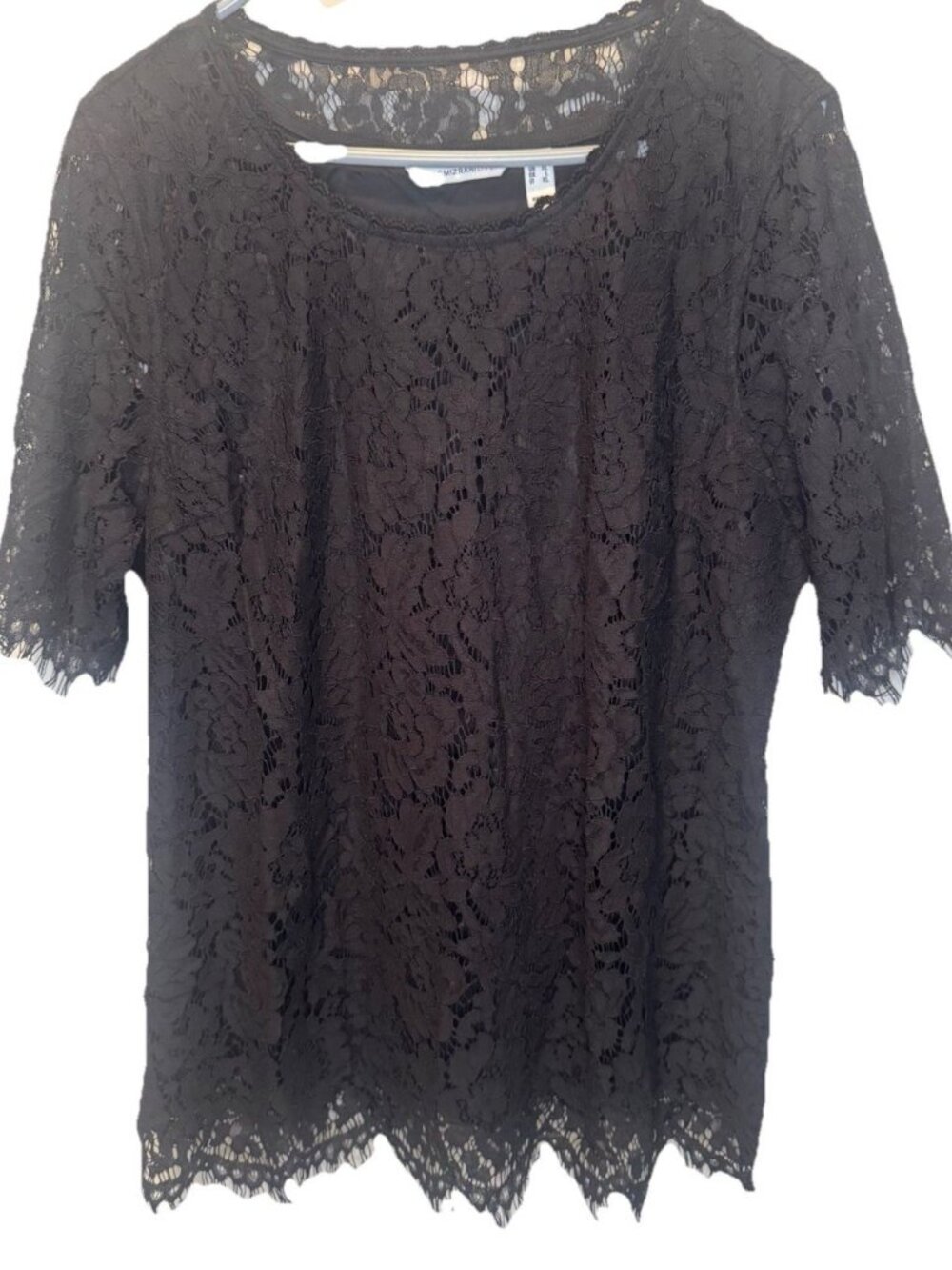 Isaac Mizrahi Live Womens Black Lace Overlay Short Sleeve Top L NEW Whimsigoth